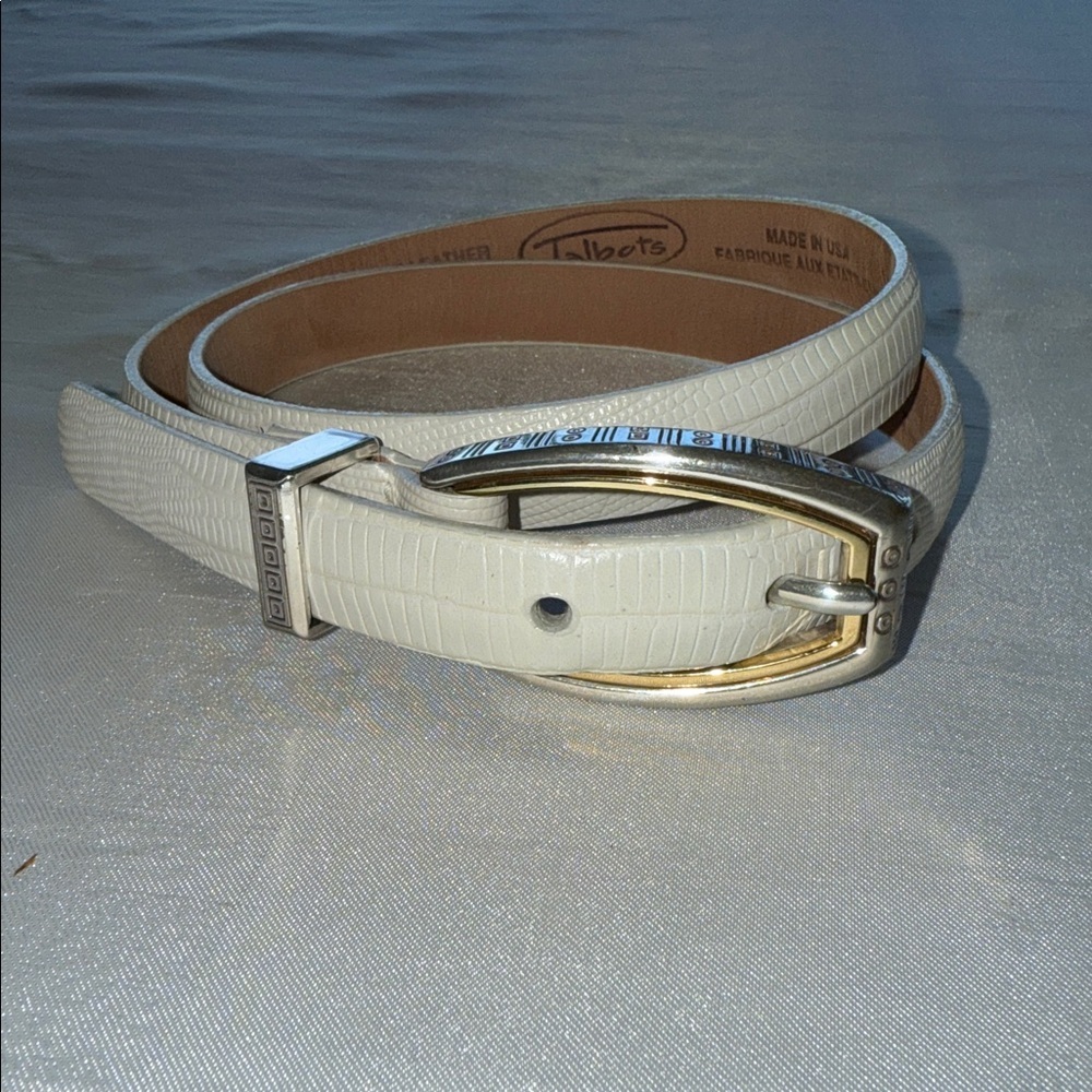 Talbots Cream Reptile Print Thin Leather Belt Mixed Metal Silver Gold Buckle XS - Picture 10 of 12